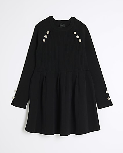 Girls Black Knit Military Pleated Dress