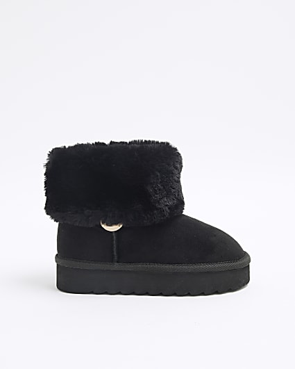 Girls Black Faux Fur Cuff Slip On Boots