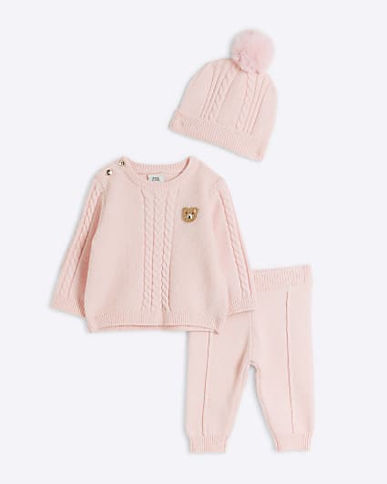 Baby Girls Pink Cable Knit 3 Piece Set