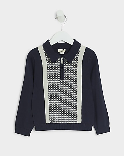 Mini Boys Navy Geometric print knit Polo Top