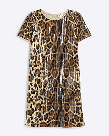 Girls Brown Leopard Sequin T-Shirt Dress