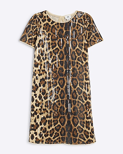 Girls Brown Leopard Sequin T-Shirt Dress