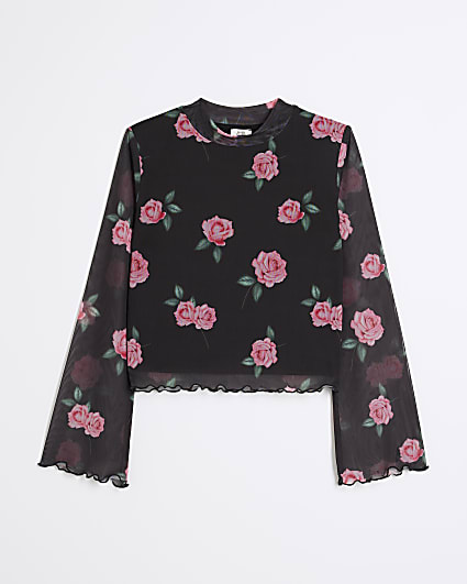 Girls black mesh floral long sleeve top