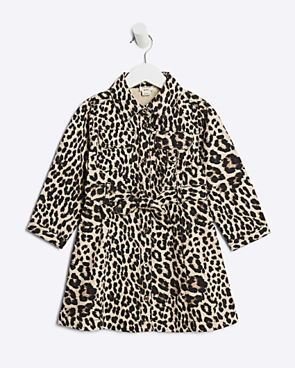 Mini Girls Brown Denim Leopard Dress