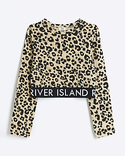 Beige girls leopard long sleeve top