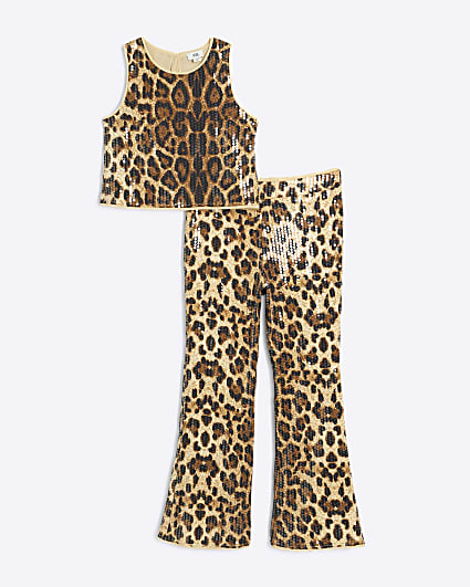 Girls Brown Leopard Sequin Top and Flares Set