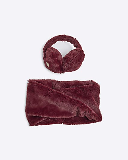 Girls Red Faux Fur Ear Muff And Snood Set