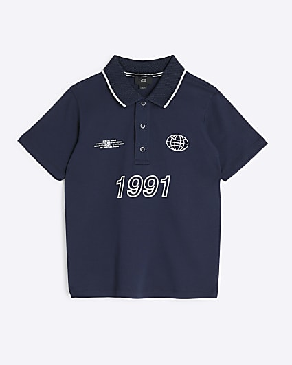 Boys Navy Tipped 1991 Graphic Polo Shirt