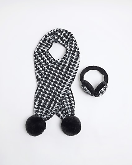 Girls White Dogtooth Earmuff And Scarf Set