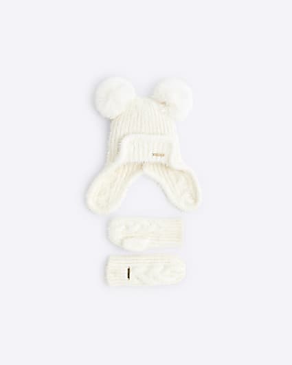 Mini Girls Cream Double Pom Trapper Set