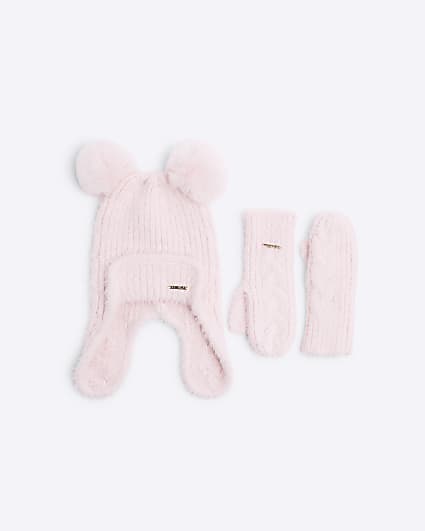 Girls Pink Trapper Hat and Mittens Set