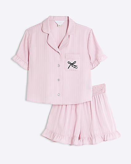 Girls Pink Satin Frill Shorts Pyjama Set