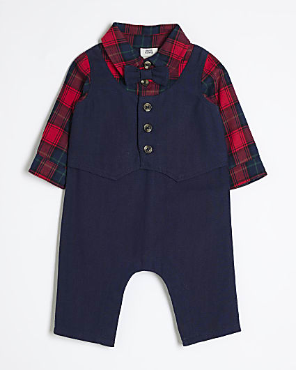 Baby Boys Navy Checked All In One