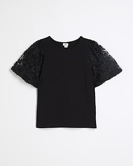 Girls black floral mesh sleeve t-shirt