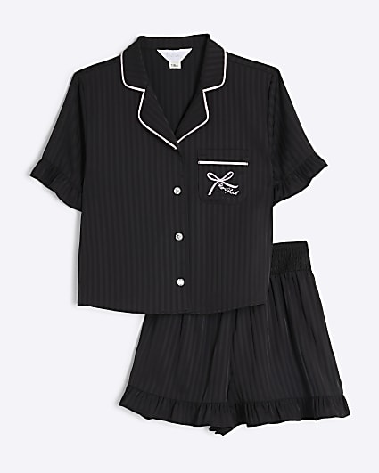 Girls Black Satin Frill Shorts Pyjama Set