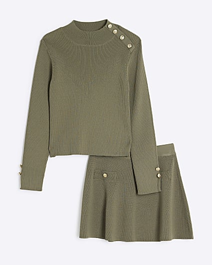 Girls Khaki Ribbed Button Top And Skirt Set