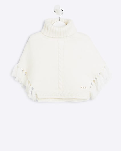 Mini Girls Cream Roll Neck Knitted Poncho