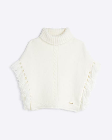 Girls Cream Knitted Tassel Poncho