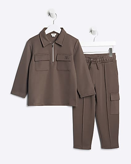 Mini Boys Brown Utility Sweatshirt Set