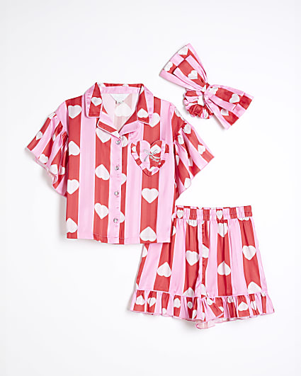 Girls Pink Satin Stripe Heart Pyjama Set