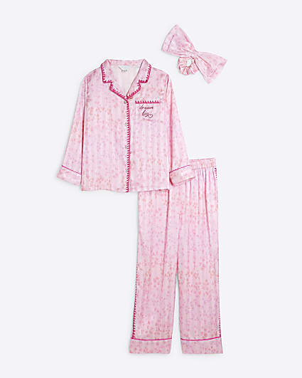 Girls Pink Satin Leopard Pyjamas Set