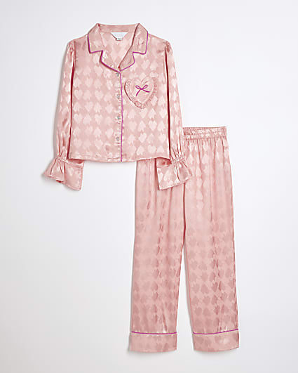 Girls Satin Bow Heart Pyjamas Set