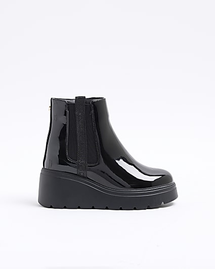 Girls Black Patent Wedge Boots