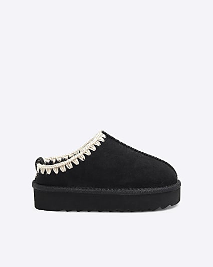 Girls Black Faux Fur Whipstitch Slippers