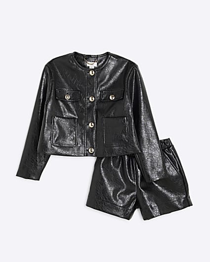 Girls Black Faux Leather Trophy Jacket Set