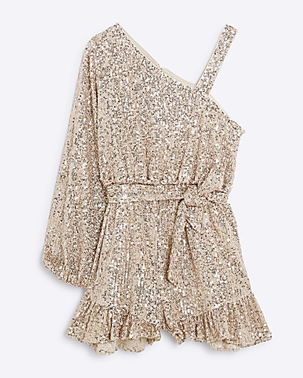 Girls rose gold sequin one shoulder playsuit