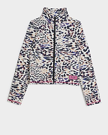 Girls beige RI Active leopard zip sweatshirt