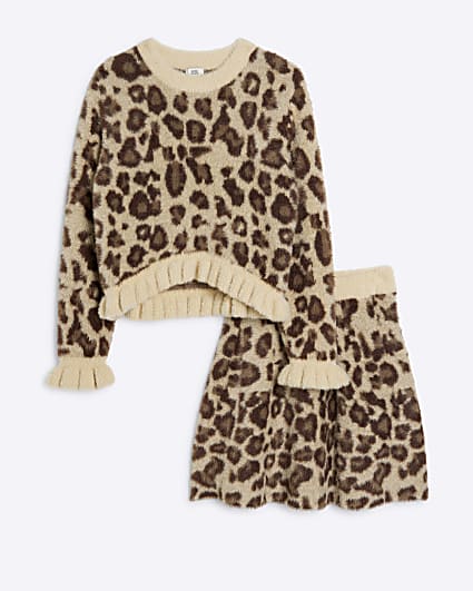 Girls Brown Leopard Jumper And Skirt Set