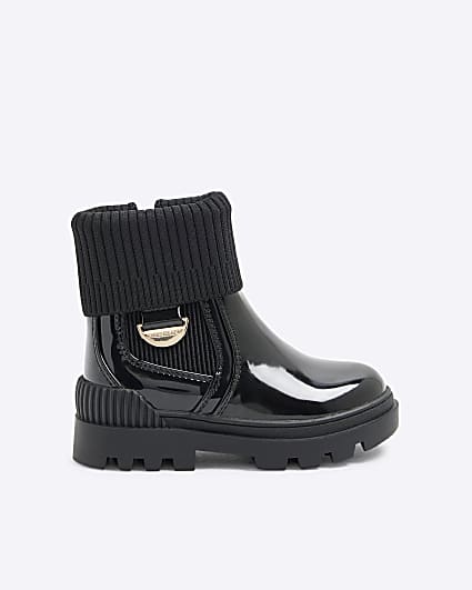 Mini Girls Black Patent Knit Chelsea Boot