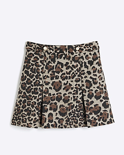 Girls beige leopard print pleated skirt