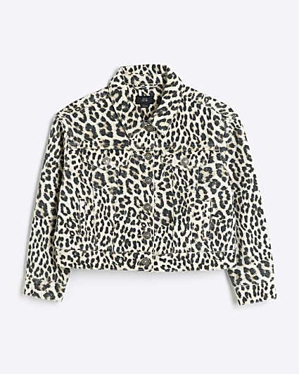 Girls brown leopard print denim jacket