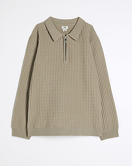 Boys Beige Long Sleeve Knitted Polo Shirt