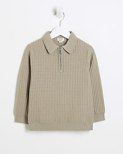 Mini Boys Beige Long Sleeve Knit Polo Shirt