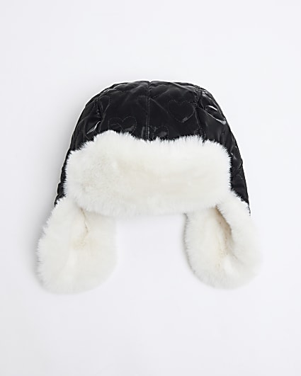 Girls Black Padded Heart Trapper Hat