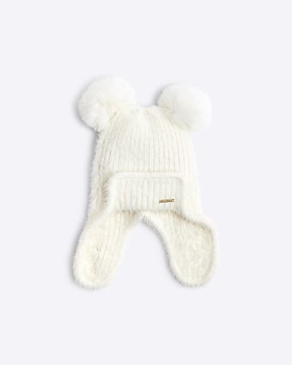 Girls Cream Double Pom Pom Trapper Hat