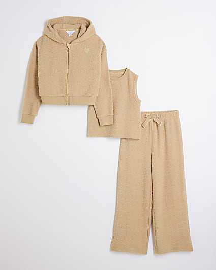 Girls Beige Borg Hoodie Set