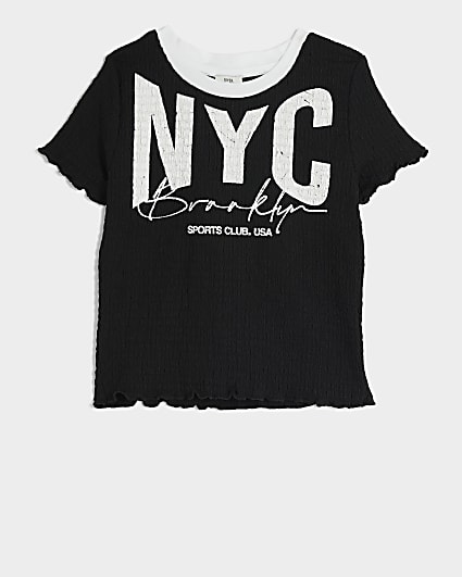 Girls Black Textured Graphic Print T-shirt