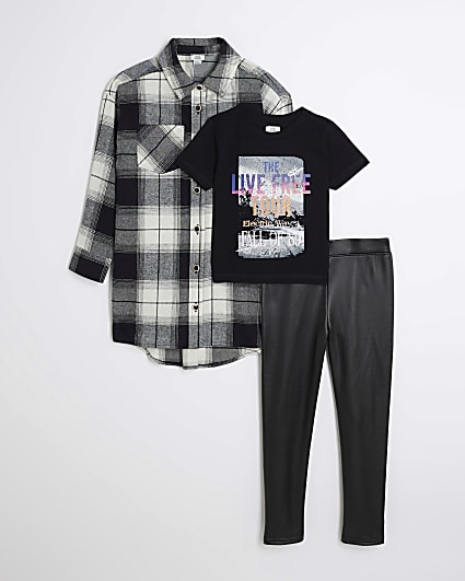 Girls Black Check Shirt and PU Leggings Set