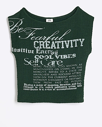 Girls green textured graphic crop top