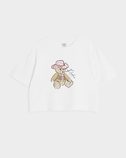 Girls white rodeo bear graphic t-shirt