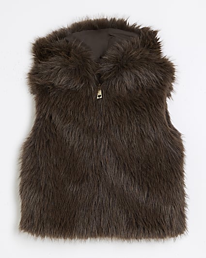 Girls Brown Faux Fur Hooded Gilet