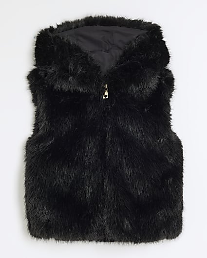 Girls Black Faux Fur Hooded Gilet