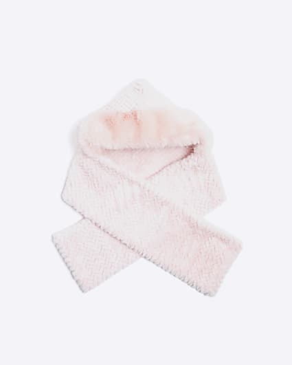 Girls Pink Faux Fur Hooded Scarf