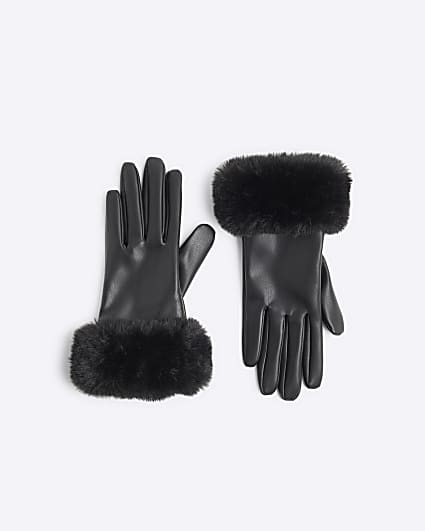 Girls Black Faux Fur Trim Gloves