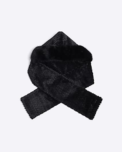 Girls Black Faux Fur Hooded Scarf