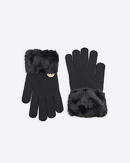 Girls Black Knitted Faux Fur Cuff Gloves